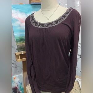 Ann Taylor Long-Sleeve Beaded Scoop Neck Top - Plum
